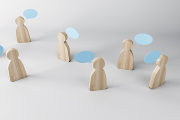 Wooden figures with speech clouds on a light background. Social network and communication concept, 3d rendering