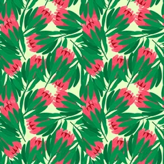 Fototapeten Scrapbook nature seamless pattern with green foliage leaves and pink protea flowers. Isolated print. © smth.design