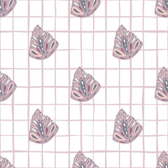 Pastel purple abstract monstera elements seamless doodle pattern. White chequered background. Geometric style.