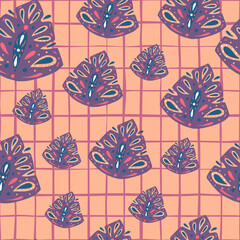 Random purple pastel abstract folk monstera ornament seamless pattern. Pink chequered background.