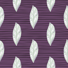Light blue leaf geometric simple silhouettes seamless pattern. Doodle print with purple striped background.