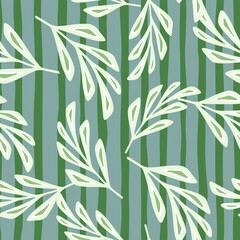 White random geometric foliage abstract branches ornament. Green and blue striped background.