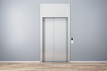 Front view on elevator with metal doors, grey blank wall and wooden floor. 3D rendering, mockup