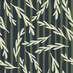 Random white herbal twigs shapes seamless pattern. Navy blue and green striped background. Doodle print.