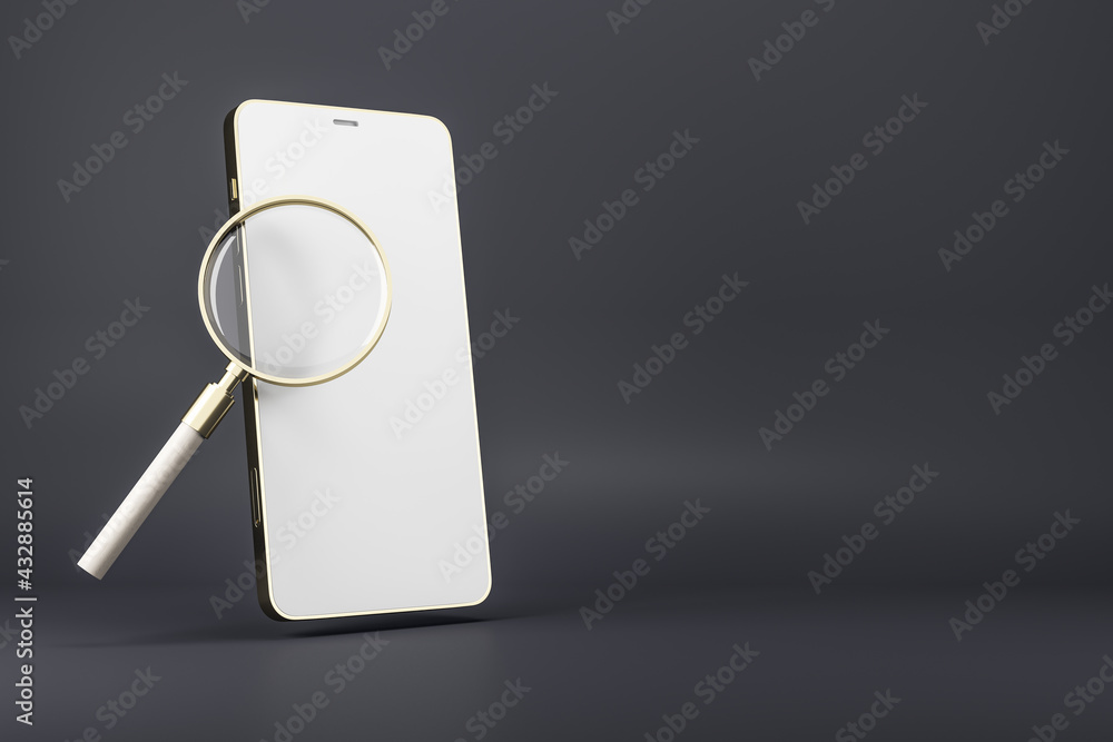 Poster search concept with golden magnifying glass on modern cell phone screen at black background. 3d rend