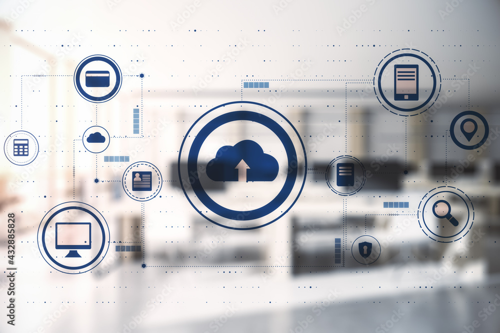Poster Cloud technology concept with digital cloud, computer and social icons connected by dotted lines on abstract blurry background. Double exposure.