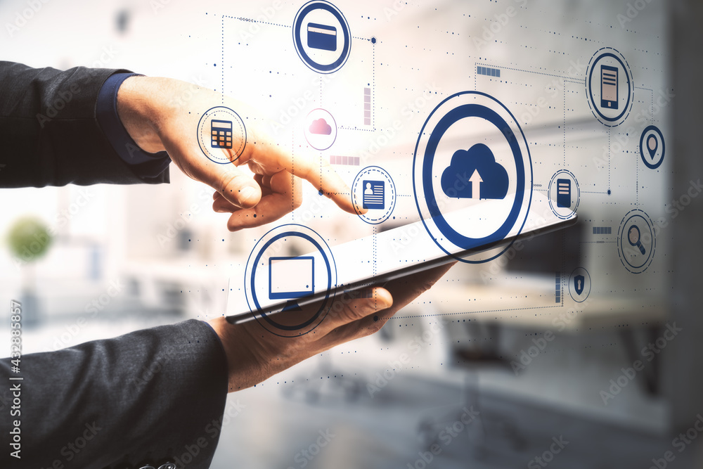 Poster Cloud storage concept with virtual cloud, computer and mobile devices icons on man hands with digital tablet background. Double exposure.