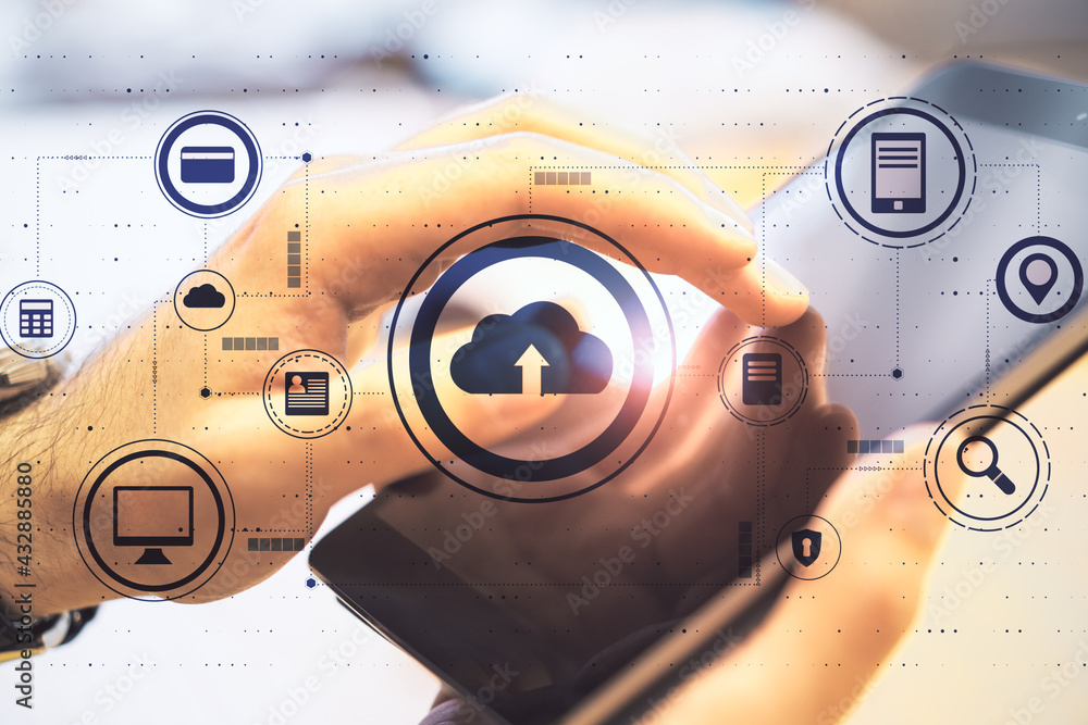 Aufkleber cloud computing technology concept with man working with digital tablet and transparent virtual scre