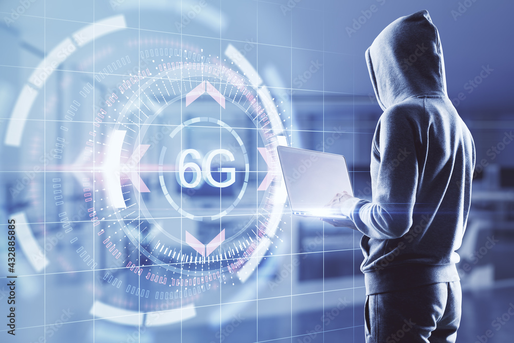 Aufkleber high speed internet connection concept with digital technology button with 6g inscription and human 