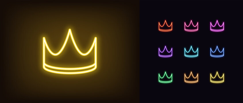 Neon crown icon. Glowing neon corona sign, outline crown pictogram