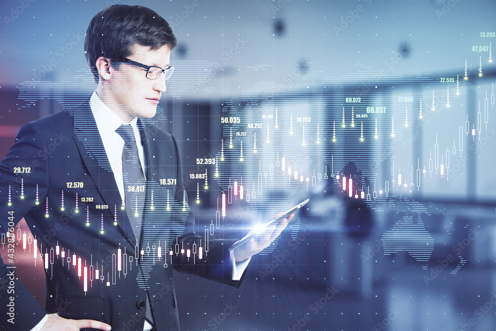 Aufkleber Global trading cocnept with trader looking at digital tablet screen and virtual transparent screen with growing forex chart candlestick