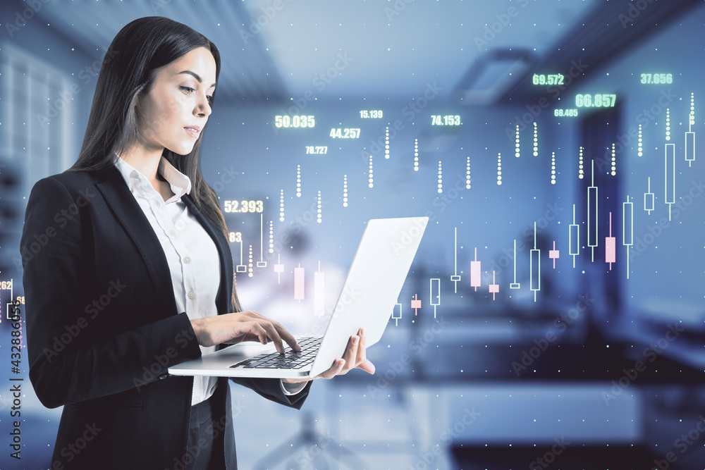 Aufkleber development and investing concept with businesswoman working with laptop on digital screen backgroun