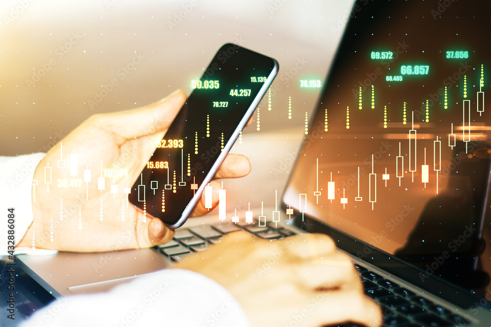 Poster online business investing concept with man hands on laptop and smartphone and digital screen with gl