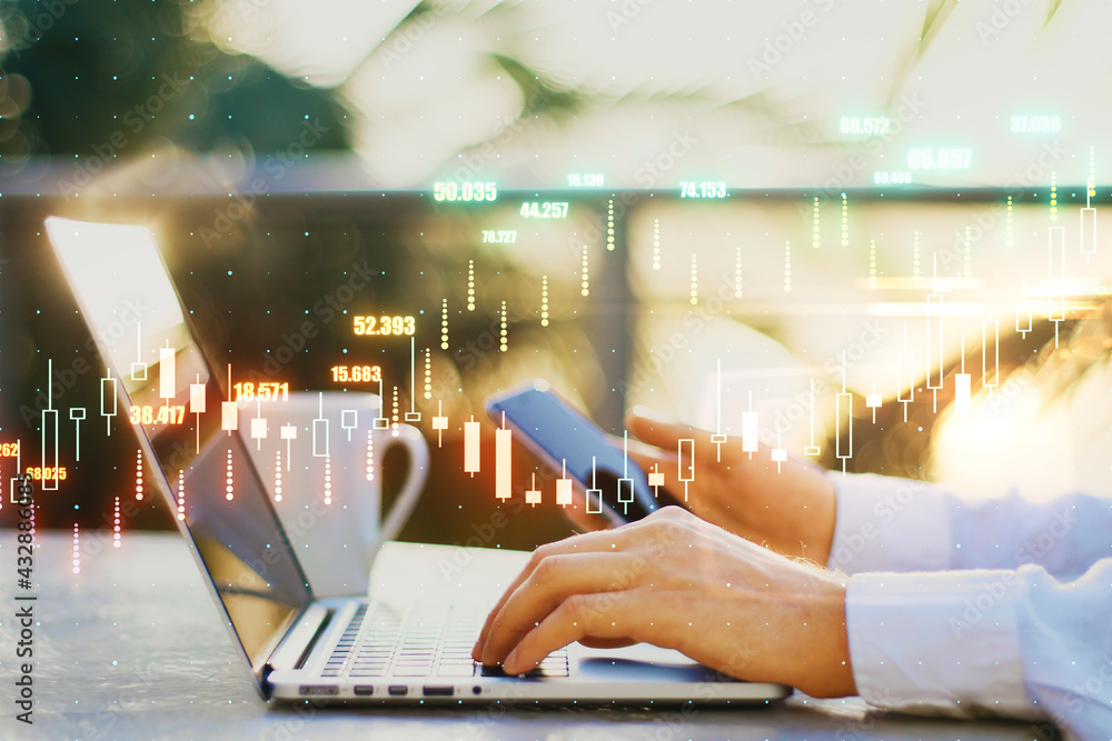 Poster forex exchange concept with glowing digital financial chart candlestick on businessman hands on lapt