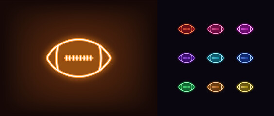Neon American football icon. Glowing neon rugby ball sign, outline football pictogram
