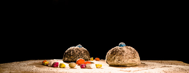 Cake and Sweet Candy Side View Wooden Board Dark Concept Isolated Black Background No Person