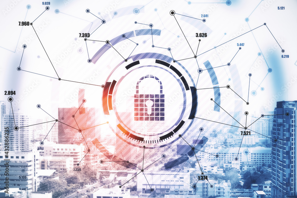 Poster cyber security concept with digital lock icon with lines around on abstract city background. double 