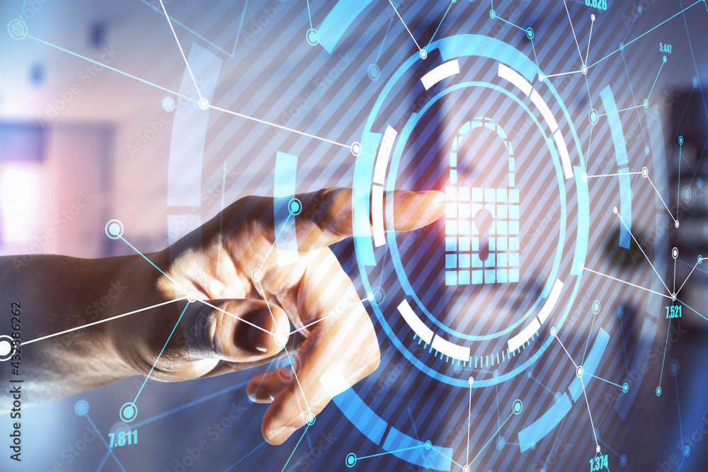 Poster data security concept with man finger touches glowing digital lock sign on virtual screen. double ex