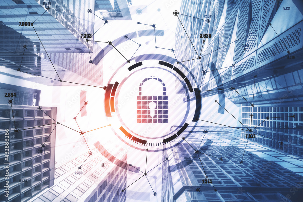 Poster personal data protection concept with lock symbol in the center of lines and dots on business buildi