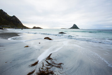 Autumn landscape and beach in Lofoten Islands, Northern Norway