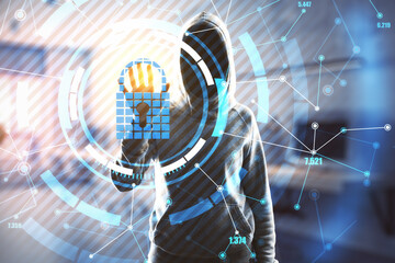 Anonymous man in a hood touching a keylock hologram, hacking and fishing concept. Double exposure