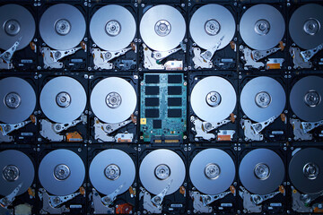 hi resolution photograph wallpaper of numbers of hard drives show inside metal disk and parts in pattern texture with circuit of solid stage drive with out shell lay in cool blue tone light and shade