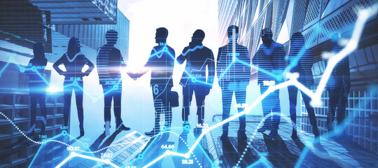 Business team work concept with digital screen with financial graphs and diagram on people silhouettes background. Double exposure.