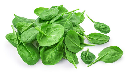 Spinach leaves isolated on white background. Pile of fresh green baby spinach Top view. Flat lay.
