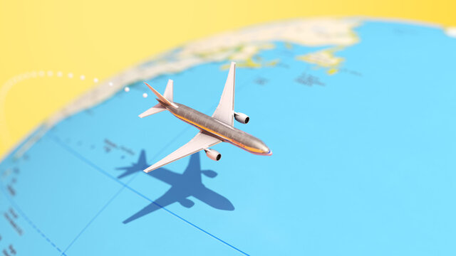 Plane Flying Around a Globe Map 3d illustration render