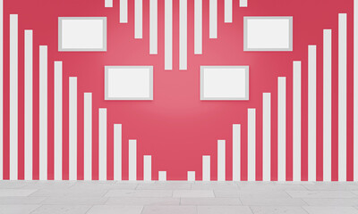 Walls in pale red or pastel pink. Slat panels in white pattern. Modern wall or background design. Marble floor in square grid pattern. 3D Rendering