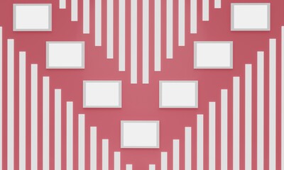 Walls in pale red or pastel pink. Slat panels in white pattern. Modern wall or background design. Marble floor in square grid pattern. 3D Rendering