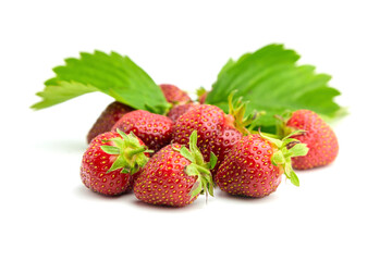 Strawberry red berries with green leaves isolated on white background