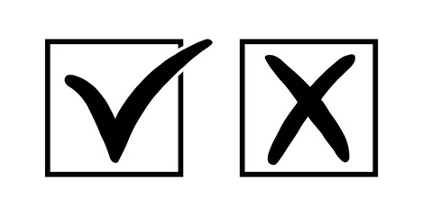 Wrong and right. Icon check mark yes and x. Black color sign isolated on white background. Wrong or right checkmark. Symbol correct and false. Tick box. Ok or cross. Done choice. Vector illustration