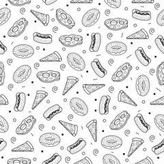 Abstract Doodle Seamless Pattern Hand Drawn Fast Food Elements Vector Design Style Background Illustration Icons
