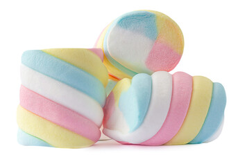 Fluffy Colorful marshmallows candy isolated on white background. Huge, big and twisted marshmallow macro image. - obrazy, fototapety, plakaty
