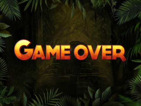 Game over title in front of a hidden temple in the jungle 