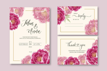 Wedding invitation, thank you, reply, with gently watercolor flowers peony.