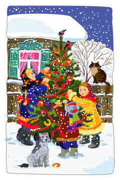 Russian New Year vector. Image of children decorating a Christmas tree on the background of a Russian hut.