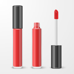 Vector 3d Realistic Closed, Opened Red Lip Gloss, Lipstick Package, Black Cap Set Isolated. Glass Container, Tube, Lid, Brush. Plastic Transparent Bottle Design Template, Mockup. Front View