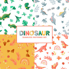 Seamless cute dinosaur pattern. Colorful dino background for kids. Childish vector design for textile and packaging, nursery wallpaper