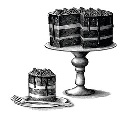 Brownie cake hand drawn vintage engraving style black and white clip art isolated on white background - 432891290