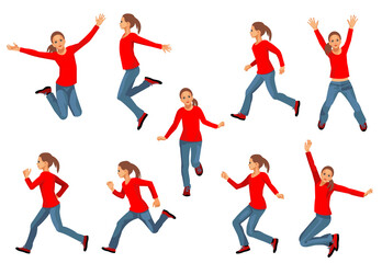Nine isolated vector figures of a teenager girl running. jumping, dancing, raising hands