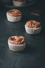 Delicious homemade chocolate muffins close-up.
