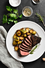 Grilled beef steak with brussels sprouts