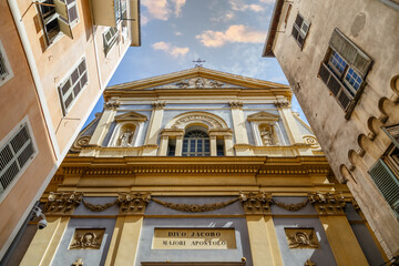 Obraz premium Church of Saint-Jacques-les-Majeure (Church of Gesu) in the old town of Nice, France. Roman Catholic church in baroque style built in 1650, now listed as historical monument. Low angle view.