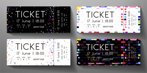 Admission ticket template set. Vector tear-off entrance ticket with circular dots and vertical colorful line on black, white background. Design template for concert event, musical event, performance