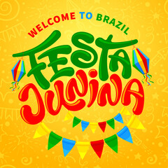 Fototapeta premium Festa Junina Brazil Festival. Folklore holiday. Festa Junina calligraphy lettering with colorful flags garlands and traditional paper lantern on yellow background. Vector illustration.