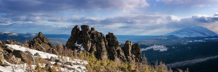 Ural mountains Konzhakovsky and Serebryansky kamen in May, Russia, Sverdlovsk region