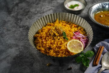 Irachi / Erachi choru chicken - Malabar meat rice served with raita and gravy