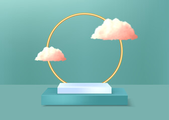 Geometric podium and golden round with pink clouds Vector